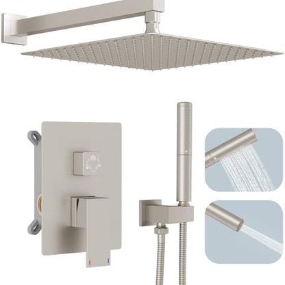 Hoimpro 12'' Shower Head Shower Faucet Set Handheld Sprayer Brushed Nickel | Stainless Steel Rain Shower Head, Rainfall Shower System Fixture Combo, Square, High Pressure Vlave Trim Kit, Wall Mounted - color: Nickel