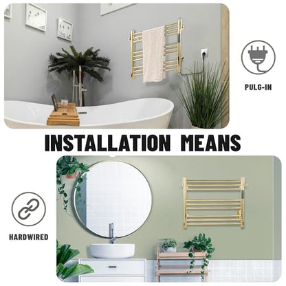 K&KALONZO Wall-Mounted 9-Bar Heated Towel Rack, Fast Heat in 2 Min, NTC Safety | 4 Timers & 3 Heat Levels Control, Plug-In/Hardwired, Top Hooks, Memory Function, Anti-Scald, Stainless Steel, EL13ST - color: Polished Gold, size: H 19.7 x W 23.6
