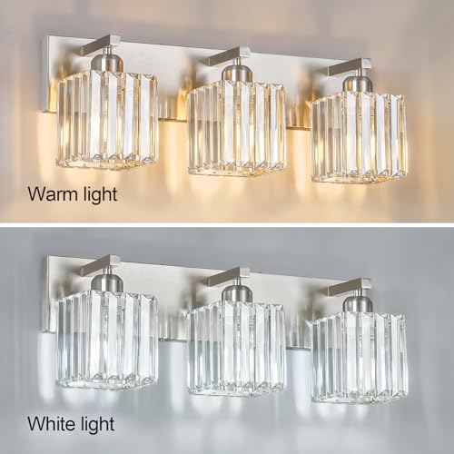 Modern Vanity Light 3-Lights Brushed Nickel Vanity Light Crystal Bathroom Wall Light Bathroom Light Fixtures - color: Nickel Straight, size: 3-light