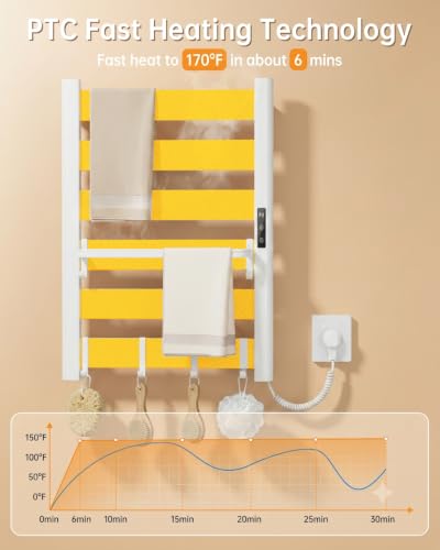 Wall Mounted Heated Towel Rack, 6-Bar Towel Warmer for Bathroom | PTC Fast Heating Up to 170°F in 6 Minutes, Adjustable Temperature 110–170°F, 2–12H Timer, Space Aluminum, Matte White - color: White, size: 6-Bars