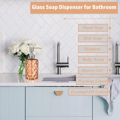 12Oz Amber Glass Soap Dispenser, Liquid Hand Bottle, Stainless Steel Pump | Refillable Clear Kitchen Soap Dispenser with Diamond Design, for Hand soap, Dish Soap, Lotion, Bathroom, Countertop, Hotel - color: Amber Diamond