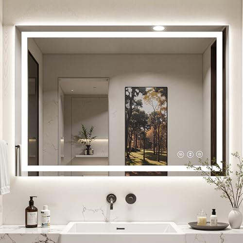 48x40 LED Bathroom Mirror with Anti-Fog, Backlit & Front Lit, Memory | Stepless Dimmable 3 Color CRI 95+ Shatterproof Tempered Glass ETL Listed for Safety Lighted Bathroom Vanity Mirror for Wall - size: 48"L x 40"W