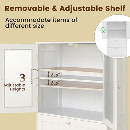 Tangkula Bathroom Floor Storage Cabinet, Freestanding Cupboard Pantry with 2 Drawers and 2 Frosted Glass Doors, Adjustable Shelf, for Kitchen, Living Room, Dining Room, 23.5" x 12" x 42.5" (White)
