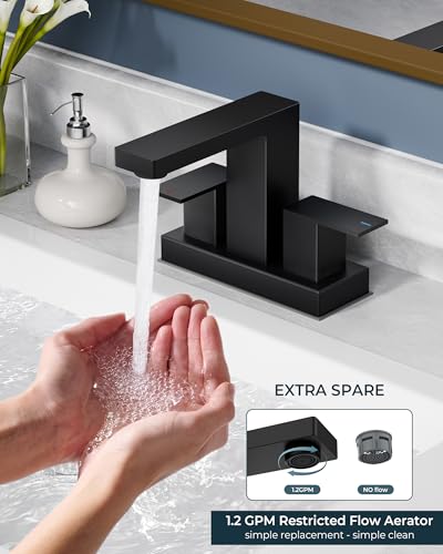 FORIOUS 4 Inch Centerset Bathroom Faucet Black, Square Black Faucet 4 in | Matte Black Centerset Bathroom Sink Faucet 2 Hole, 4 Inch Bathroom Sink Faucet 2 Handle with Drain and Water Saving Aerator - color: Matte Black, style: Classic