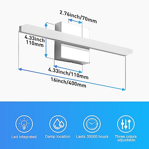 Modern Bathroom Vanity Lights Over Mirror, Chrome LED Wall Sconce | Small 16 Inch, Soft Shadow Free, Linear Lamp Bar, Restroom Lighting Fixture, Sleek, Luz para Baños de Pared, 3CCT Dimmable - color: 3CCT-Dimmable, size: 16inch