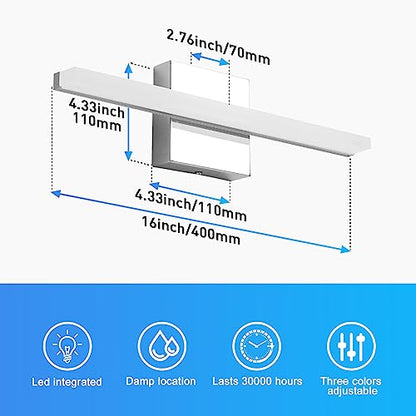 Modern Bathroom Vanity Lights Over Mirror, Chrome LED Wall Sconce | Small 16 Inch, Soft Shadow Free, Linear Lamp Bar, Restroom Lighting Fixture, Sleek, Luz para Baños de Pared, 3CCT Dimmable - color: 3CCT-Dimmable, size: 16inch