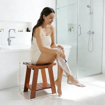 KEGII Teak Shower Bench with Shelf & Handle, Solid Teak Wood Shower Stool for Shaving Legs, Easy Assembly Shower Seat Chair for Shower Storage Shelf, 300lb Capacity (15.75'' 2-Tier)