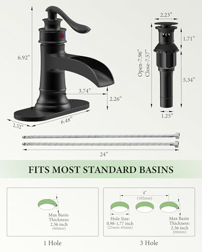 Black Bathroom Faucet Matte Waterfall Sink Farmhouse Vanity Single Hole | Faucets One Handle Basin Antique centerset with Pop Up Drain Stopper Mixer Tap Overflow Supply Line by Homevacious - color: Matte Black