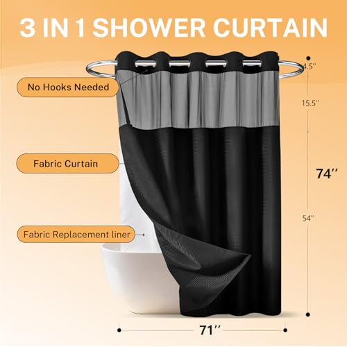 River Dream No Hooks Shower Curtain with 2 Snap in Liner, Black, 71Wx74H | Waffle Weave, 1 Attached Snap in Liner and 1 Extra Replacement Liner, Bathroom Curtains Shower Set, Hotel Grade, Spa Like - color: Black