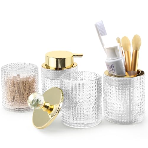 DASITON Bathroom Accessories Set,4Pcs Glass Bathroom Counter Set with Foaming Soap Dispenser,Toothbrush Holder,Bathroom Tumbler,Cotton Swab Jars, for Vanity Bathroom Decor (Clear) D1102 - style: Clear