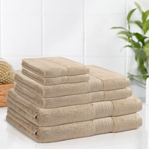 Bath Towel Set 6 Piece 100% Cotton Towel, Aurora Collection, Durable, Quick Dry & Lightweight Extra Soft Towels, 2 Bath Towels, 2 Hand Towels, 2 Washcloths, Everyday Use for Pool Days - Beige - color: Beige