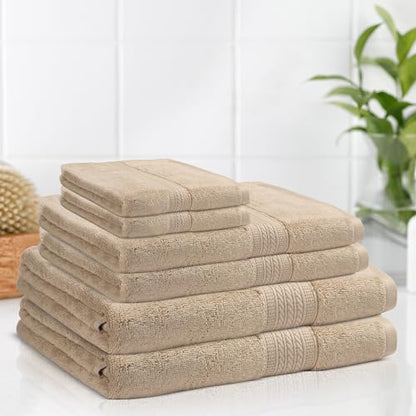 Bath Towel Set 6 Piece 100% Cotton Towel, Aurora Collection, Durable, Quick Dry & Lightweight Extra Soft Towels, 2 Bath Towels, 2 Hand Towels, 2 Washcloths, Everyday Use for Pool Days - Beige - color: Beige