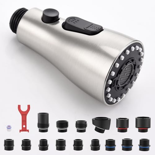 J-HVA Pull Down Kitchen Faucet Sprayer Head Replacement Part,Brushed Nickel | with 15 Adapters, 3 Function Pull Out Sink Sprayer Replacement Nozzle, Kitchen Faucet Head Hose Spray Tap Spout - color: Brushed Nickel