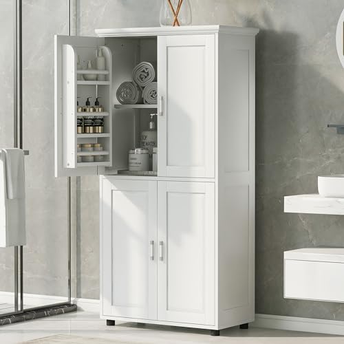 JIVOIT Wood Bathroom Storage Cabinet, Tall and Wide Bathroom Floor Storage Cabinet, Bathroom Storage Unit, Freestanding Cabinet with 4 Doors, Adjustable Shelves, MDF Board, White * 103 - color: White * 103