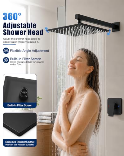 Heyalan 12 Inch Square Rain Shower Faucet Set with Valve, Matte Black | Female-thread 1/2-inch NPT connections, SUS304 shower head, brass rough-in valve, single-handle control Shower Set - color: Black, size: 12 Inch Square Shower Head