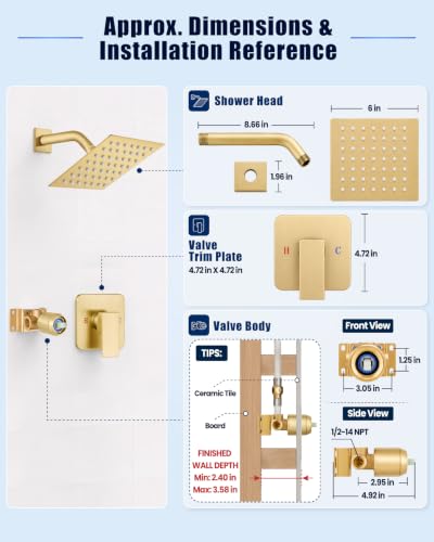 Heyalan 6 Inch Square Rain Shower Faucet Set with Valve, Brushed Gold | Female-thread 1/2-inch NPT connections, SUS304 shower head, brass rough-in valve, single-handle control Shower Set - color: Gold, size: 6 Inch Square Shower Head