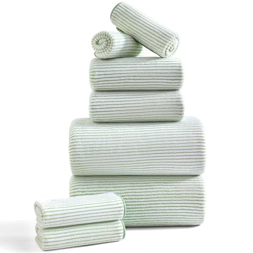 8-Piece Premium Towel Set for Bathroom|2 Oversized Large Bath Sheet,2 Hand Towels,4 Washcloths|Soft Cozy Highly Absorbent Fast Dry Microfiber Shower Towel Set for Hotel Bathroom Essentials,Green White - color: Green/White, size: 8 Piece Towel Set (Mixed S