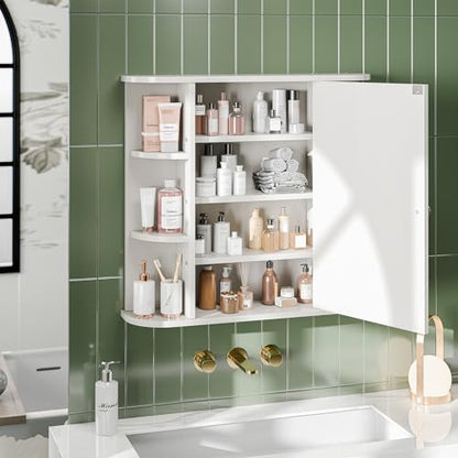 Bathroom Medicine Cabinet, Bathroom Mirror Cabinet Wall Mounted with 6 Side Open Shelves, White Wall Cabinet with Mirror, White - color: White