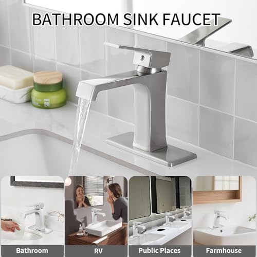 Waterfall Bathroom Faucet Brushed Nickel Bathroom Sink Faucet, Modern Single Hole Bathroom Faucet, Single Handle RV Sink Vanity Faucet—Includes Pop-Up Drain, Suitable for 1-Hole or 3-Hole - color: Brushed Nickel