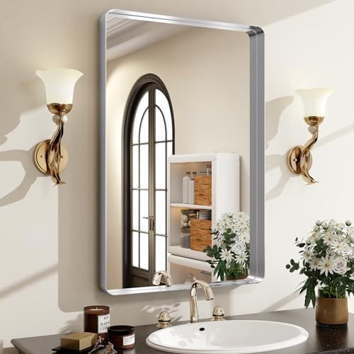 Easly Silver Bathroom Mirror for Wall, 36x24 Inch Rectangular Aluminum Alloy Framed Mirror, Modern Wall Mounted Vanity Mirror for Bathroom, Vertical or Horizontal - color: Silver, size: 36"L x 24"W