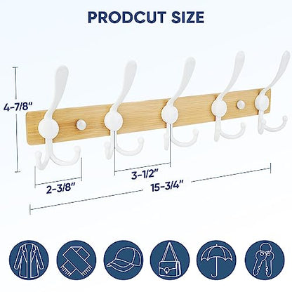 TICONN Wall Mounted Coat Rack, Five Heavy Duty Tri Hooks All Metal Construction for Jacket Coat Hat in Mudroom Entryway (Wood White, 2-Pack) - color: Wood White