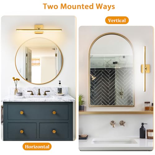 LED Bathroom Vanity Light, Modern Bathroom Light Fixture Over Mirror (3000K/4000K/6000K, Dimmable), Vanity Light Bar with Angle Adjustable, 24 Inch, Brass - color: Brass, size: 24 inch
