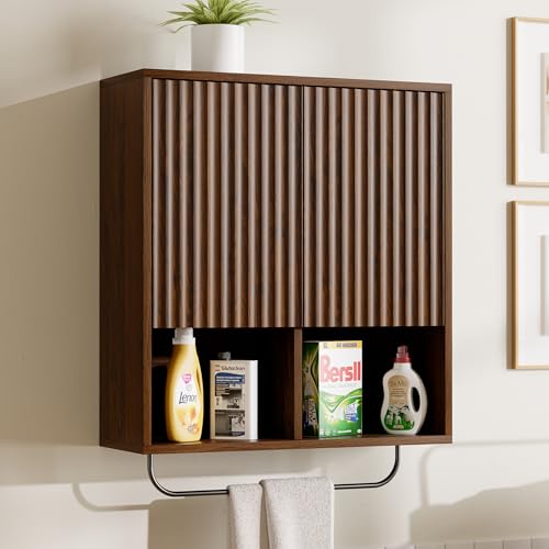 Fluted Wall Cabinet, Modern Medicine Cabinet Bathroom with Doors and Adjustable Shelf Towel Rack Wood Storage Cabinet for Kitchen Dining Room Living Room, Brown - color: Brown, size: 1PC