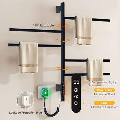 180°Rotation Electric Heated Towel Rack Wall Mounted Towel Warmer Racks 5 Bars Hardwired & Plug-in Hot Towel Rack with 1H-9H Timer for Home Bathroom Salons and Spas (Black) - color: Black, size: G63
