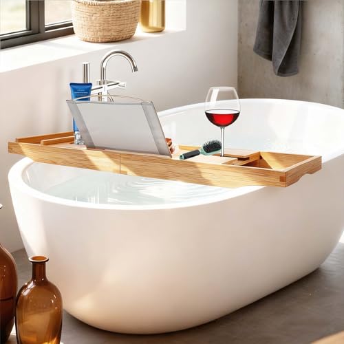 Bamboo Bathtub Tray Expandable, Natural Wood Bathtub Caddy with Holder, 29.53"-42.91" Adjustable Bath Tray for Soaking Tub, Wine Glass & Tablet Stand, Fits Most Tubs