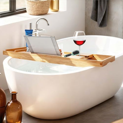 Bamboo Bathtub Tray Expandable, Natural Wood Bathtub Caddy with Holder, 29.53"-42.91" Adjustable Bath Tray for Soaking Tub, Wine Glass & Tablet Stand, Fits Most Tubs