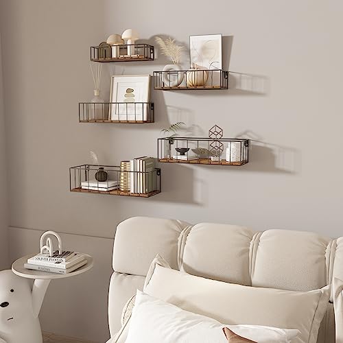 CRUGLA Floating Shelves Wall Mounted Set of 5, Hanging Storage Wall Shelf with Rail for Bathroom, Bedroom, Living Room, Kitchen - color: Brown