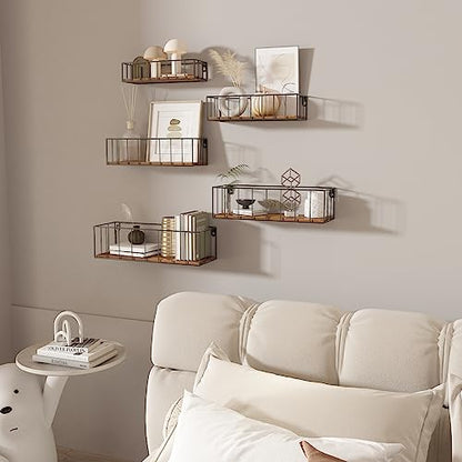 CRUGLA Floating Shelves Wall Mounted Set of 5, Hanging Storage Wall Shelf with Rail for Bathroom, Bedroom, Living Room, Kitchen - color: Brown