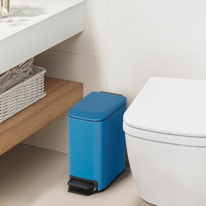 Cesun Small Bathroom Trash Can with Lid, 1.6 Gal, Soft Close, Blue | Step pedal soft close, Slim 5.9in fits narrow spaces, Stainless steel, Anti-fingerprint, Removable inner bucket, Odor seal - color: Blue