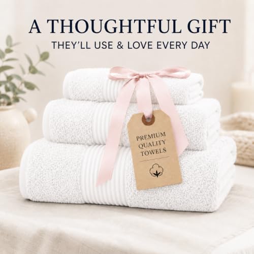 Towel Set for Bathroom, 3 Piece Turkish Cotton Bath Hand and Wash Towels | Mixed size set in Ice White, 600 gram weight. Double stitched hems suit family and guest use. - color: Ice White