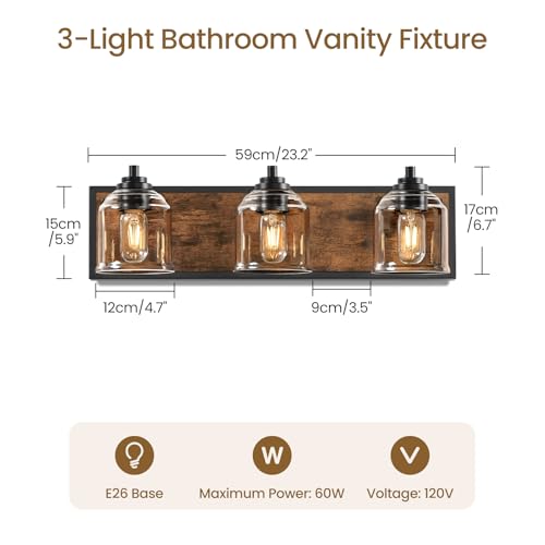 3-Light Bathroom Fixture, 23.2" Large Farmhouse Vanity Light, E26 Base (Bulbs Not Included), Thickened Glass Shade, for Bathroom, Bedroom, Vanity, Hallway, Rustic Brown and Black F17BD05 - size: 3-Light