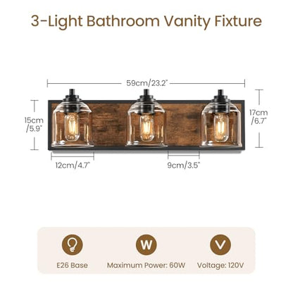 3-Light Bathroom Fixture, 23.2" Large Farmhouse Vanity Light, E26 Base (Bulbs Not Included), Thickened Glass Shade, for Bathroom, Bedroom, Vanity, Hallway, Rustic Brown and Black F17BD05 - size: 3-Light