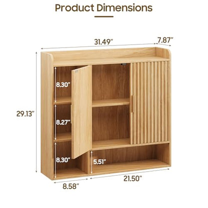 Vabches Fluted Bathroom Wall Cabinet, Wooden Medicine Cabinet Organizer with 2 Doors and Adjustable Shelf, Over The Toilet Storage Cabinet for Laundry Room and Living Room