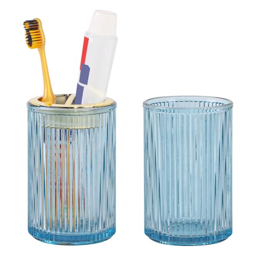 Toothbrush Holders for Bathrooms, 2pcs Blue Glass Toothbrush Holder, Bathroom Toothbrush Cup and Toothpaste Holder with Gold Divider, Tooth Brush and Toothpaste Organizer for Countertop - color: Blue Gold