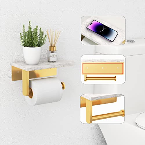 Gypie Toilet Paper Holder with Marble Shelf, Wall Mounted Gold | Stainless Steel Screw, Tissue Roll Paper Holder Dispenser for Bathroom Washroom - color: Gold