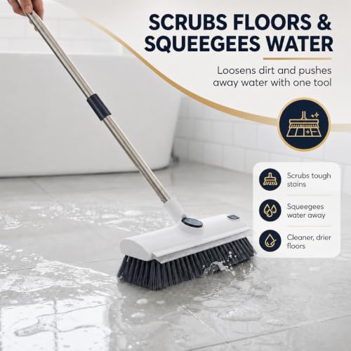 3-in-1 Floor Scrub Brush with Long Handle, Stiff Bristles & Squeegee | Stiff PP bristles, V-shaped corner brush, and silicone squeegee for shower tile, concrete, patios, and garages