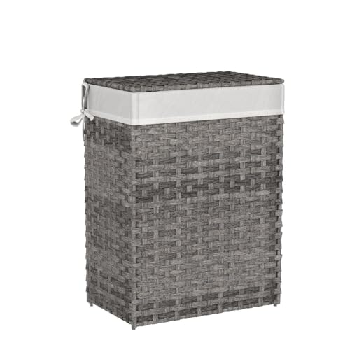 SONGMICS Laundry Hamper with Lid, 23.8 Gallon (90 L) Synthetic Rattan Clothes Laundry Basket with Lid and Handles, Foldable, Removable Liner, Dove Gray ULCB51WG - color: Dove Gray, size: 90 L