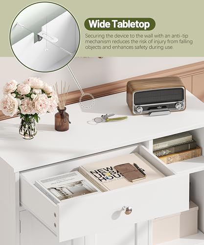 Keehusux White Cabinet with Large Drawer, Floor Bathroom Storage Cabinet with Doors & Adjustable Shelves, Modern Storage Cupboard with 3 Open Space for Living Room, Entryway, Dining Room