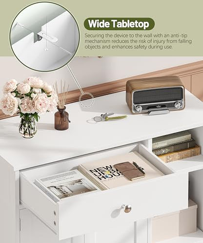 Keehusux White Cabinet with Large Drawer, Floor Bathroom Storage Cabinet with Doors & Adjustable Shelves, Modern Storage Cupboard with 3 Open Space for Living Room, Entryway, Dining Room