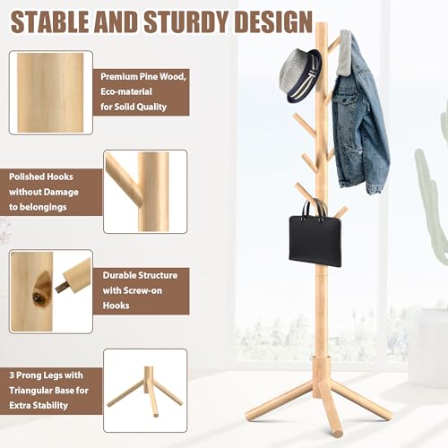 Haddockway 3 Adjustable Freestanding Wooden Coat Rack Stand 8 Hooks,Hallway - color: Natural, size: 1 PC