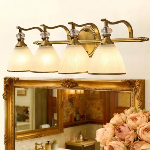 ANDY STAR Brushed Gold Vanity Light, 4-Light Bathroom Light Fixtures, Vintage Wall Lamp with Bell Shaped Frosted Lampshade, 27.8 Inch Bathroom Lighting Fixtures Over Mirror, (Bulbs Not Included) - color: Gold, size: 4-Light