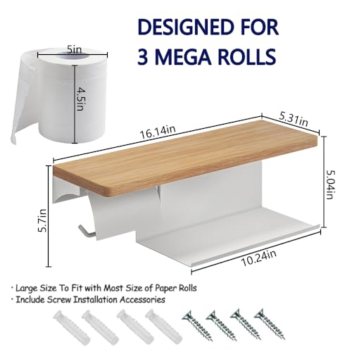 Wall Mounted Double Roll Toilet Paper Holder with Shelf Storage,White | 16" x 5.31" Real Walnut Shelf| Holds 2 Rolls| Protective Top Shelf Keeps Paper Dry| Rust-Resistant Steel Build | Screw Mount - color: White
