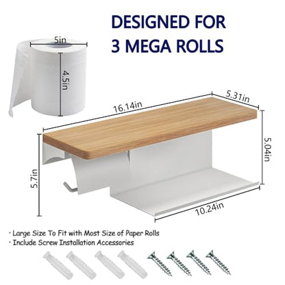 Wall Mounted Double Roll Toilet Paper Holder with Shelf Storage,White | 16" x 5.31" Real Walnut Shelf| Holds 2 Rolls| Protective Top Shelf Keeps Paper Dry| Rust-Resistant Steel Build | Screw Mount - color: White
