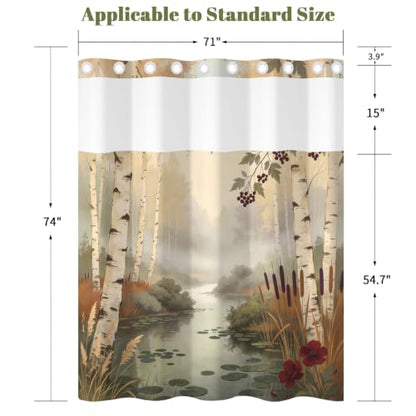 No Hook Birch Trees Shower Curtain with Snap in Liner, 71Wx74L | Double Layer Waterproof Bath Curtain with Mesh Top, Nature Misty Forest Woodland & Lake Landscape Print for Rustic Bathroom - color: Nature Landscape
