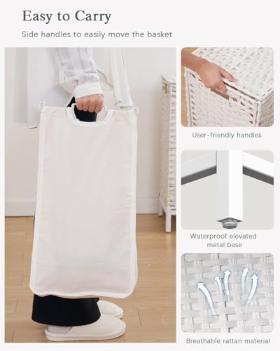 SETVSON Laundry Hamper with Lid, Large 132L Rattan Basket, White | 3-Section Large 35 Gal Clothes Hamper, 3 Removable Bags, Heightened Metal Feet, 6 Mesh Laundry Bags, Steel Frame - color: Cloud White, size: 132 L - 35 gal