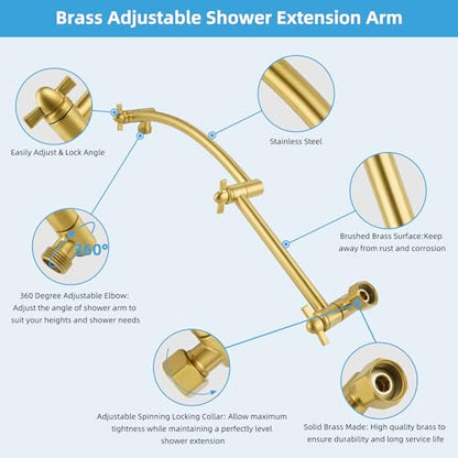 Hibbent All Metal 16'' Shower Head Extension Arm, Brushed Brass | Solid Brass Adjustable Shower Arm with Lock Joint, Flexible Height & Angle, Universal Connection Shower Head Extender - color: Brushed Brass, size: 16 Inch